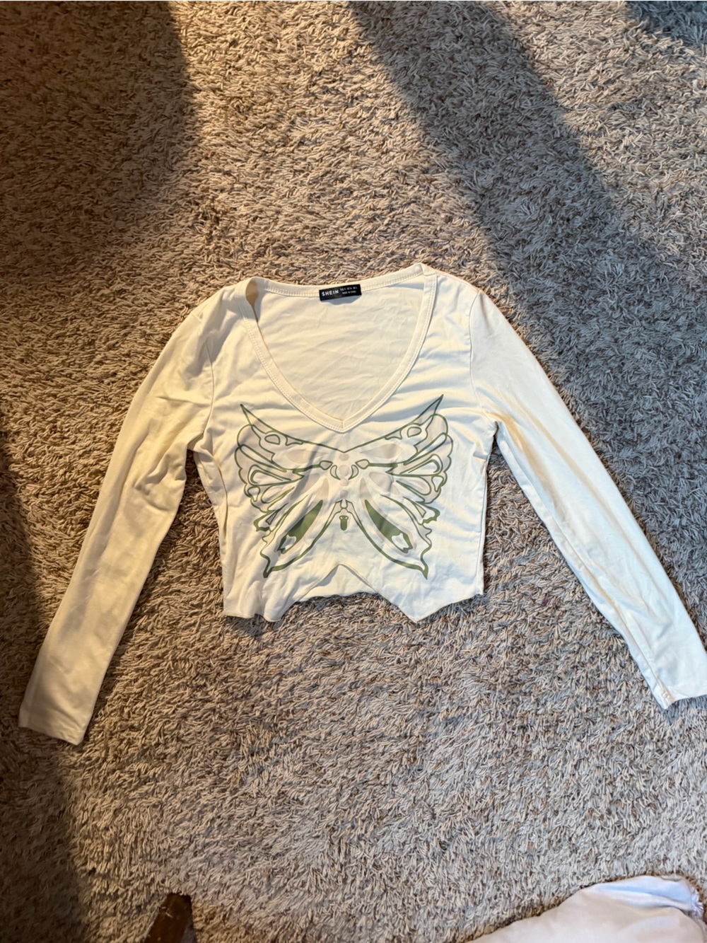 SHEIN Cream Long Sleeve Top with Green Butterfly Print